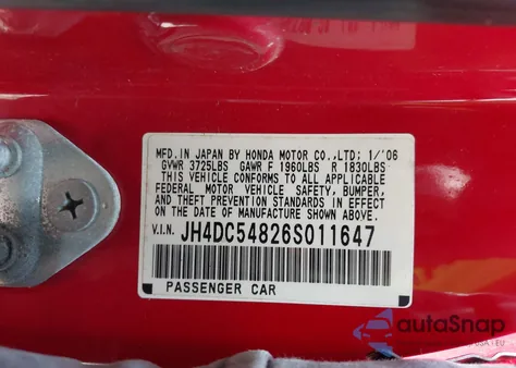 2006 Acura Rsx from USA, damaged, VIN JH4DC54826S011647